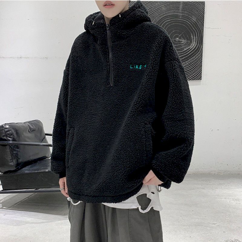 

winter men hoodies velvet thick coat oversize korean student lambswool embroidered fleece super warm black streetwear jacket, Blue;black