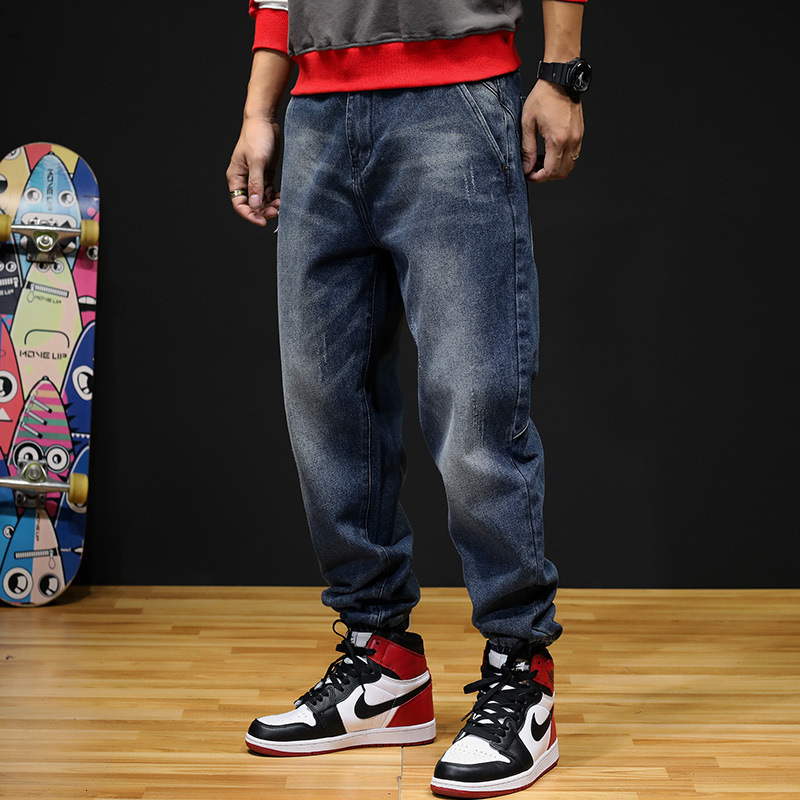 

2021 New Japanese Style Fashion Loose Fit Spliced Cargo Pants Harem Trousers Big Size 28-44 Korean Streetwear Hip Hop Jeans Men 8vgs, Blue