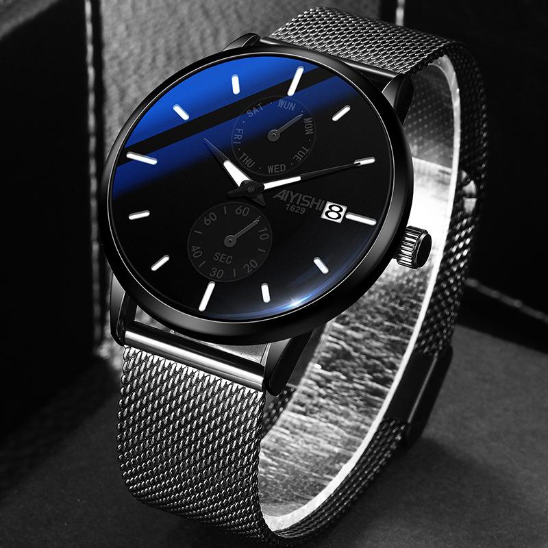 

Wristwatches AIYISHI 1629 Fashion Simple Mens Watch Ultra Thin Milan With Night Light Waterproof Week Display, Network strap-white