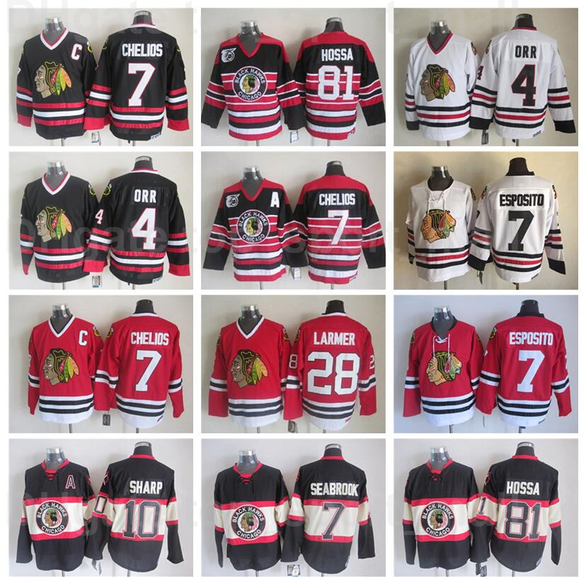 

Chicago Blackhawks Vintage Classic Hockey 4 Bobby Orr Jersey Retro 7 Chris Chelios 10 Patrick Sharp 81 Marian Hossa 28 Steve Larmer CCM Blac, Black;red