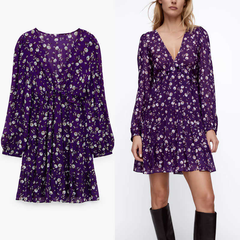 

Za Elegant Floral Print Purple Mini Dress Women Long Sleeve Ruffle Elastic Waist Vintage Ruched Dresses Lining Vestido 210602