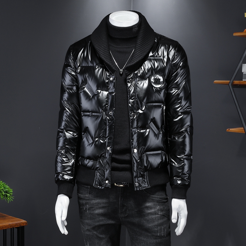 

handsome plus size casual mens suit collar down jacket winter 2023 trend short shiny lapels lightweight top Big fat man, 200 pounds available, Black