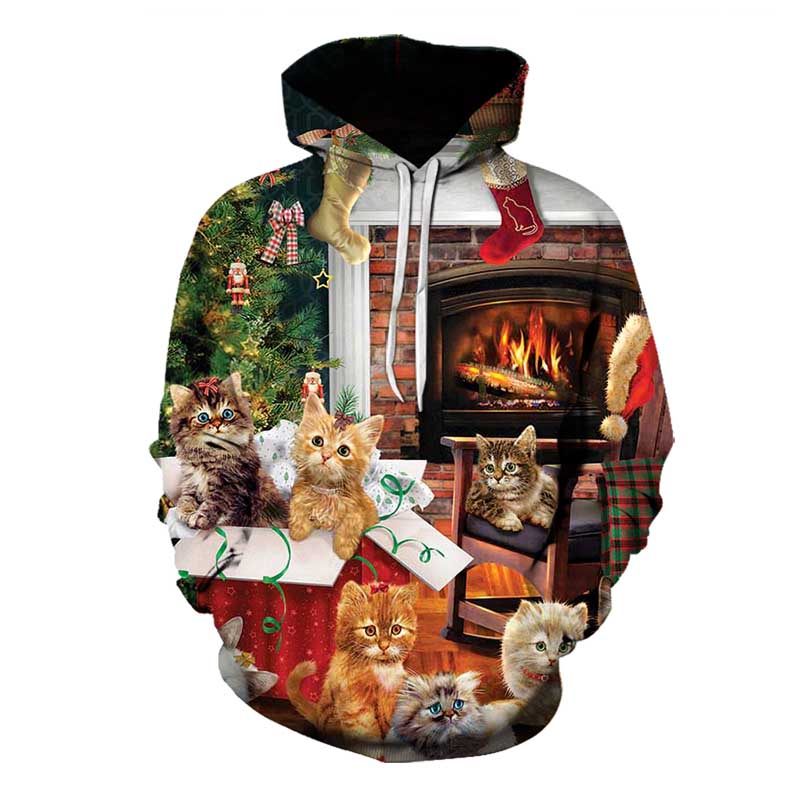 

Men's Christmas cat group pattern 3D printing long-sleeved hooded sweater, White;black