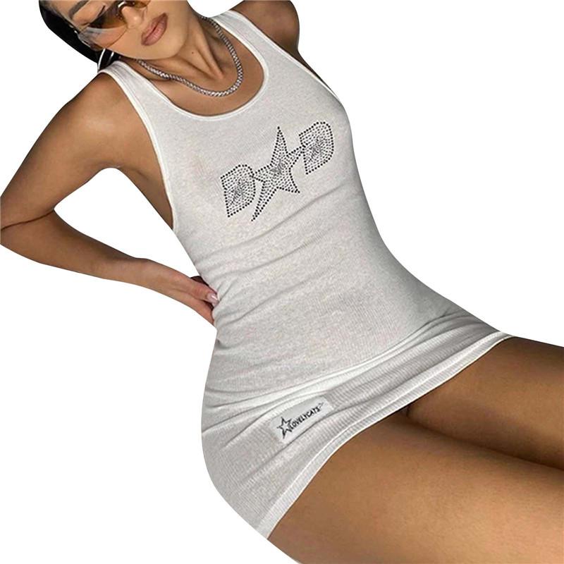 

Casual Dresses Women Cyber Y2K Diamond Letter Ribbed Tank Streetwear 2000s Bodycon Sleeveless White Short Dress Summer 2021 Vintage