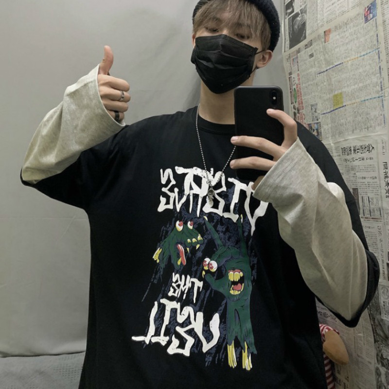 

2021 New Autumn Men's Fashion Trend Printing Coats False Two Piece Pullover Long Sleeve Hoodies Cotton Casual Clothes Sweatshirts 4pa0, Gray