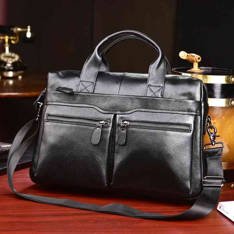 

2021 new shoulder men's hand computer top leather document business fashion leisure bag, Black