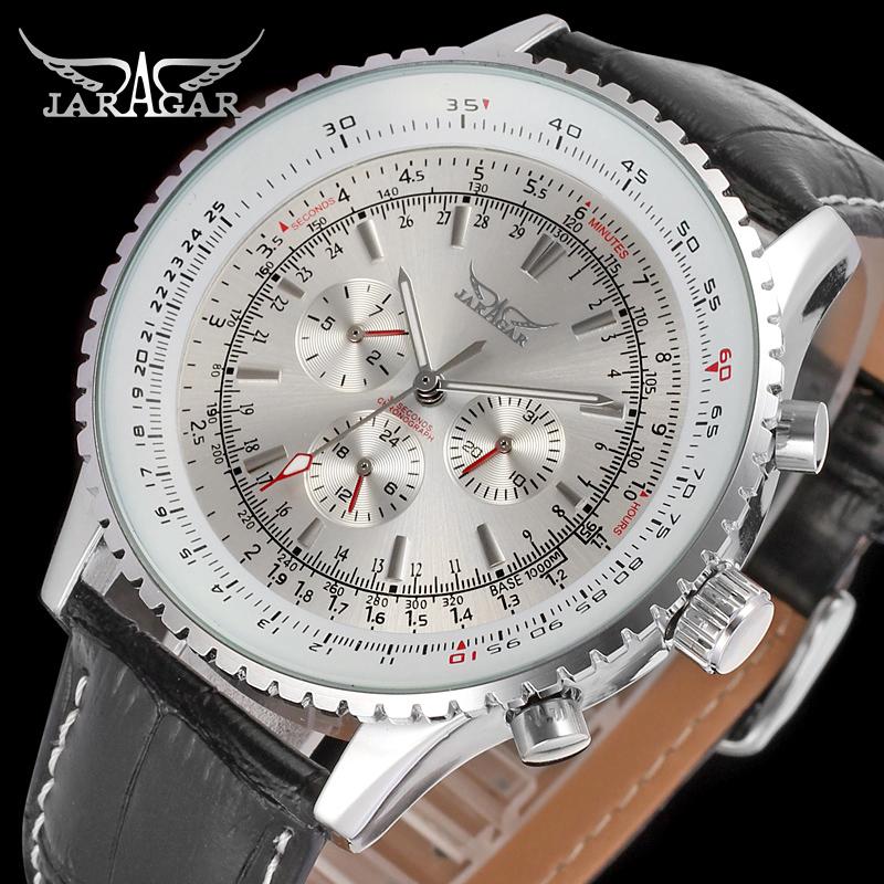 

Wristwatches JARAGAR Large Dial Mechanical Watches Fashion Men Automatic Self-Wind Date Week 24 Hour 3 Sub-dial Relogio Masculino, White