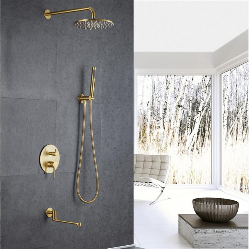 

2021 New Bathroom Set Brushed Gold Round Rainfall Faucet or Ceiling Wall Mounted Mixer 10" Shower Head Kds4