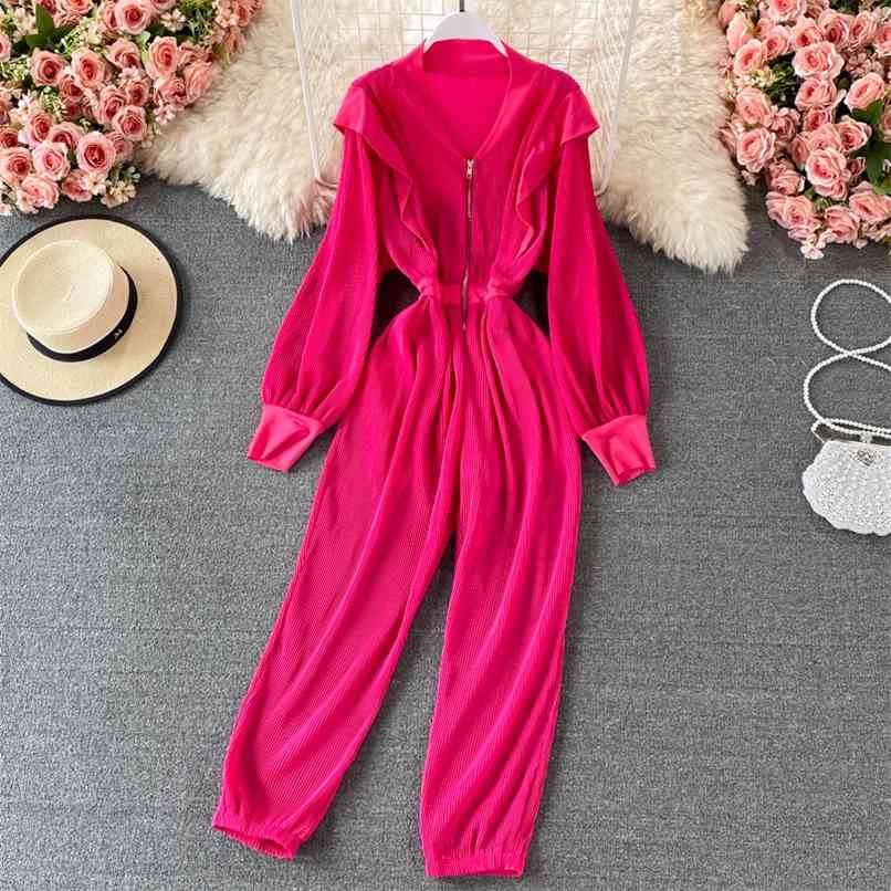 

Jumpsuit Women Autumn Solid color High street Ruffles V-neck Lantern Sleeve Pleated Rompers Playsuits Female Overall 210602, Black