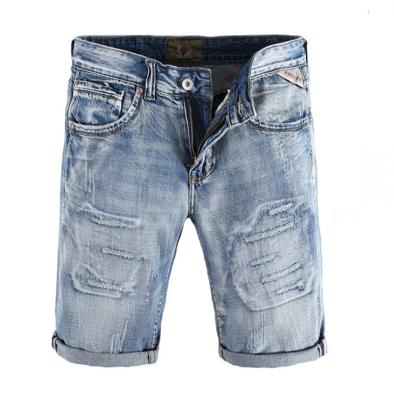 

2021 New Summer Fashion Short Blue Color Destroyed Patch Ripped Hombre Denim Streetwear Hip Hop Jeans Shorts Men Hhum
