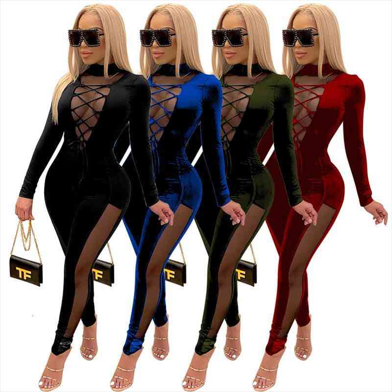 

Sheer Mesh Patchwork Velvet Jumpsuit Mock Neck Lace Up Long Sleeve Backless One Piece Overalls Spring Night Club Outfits, Black;white