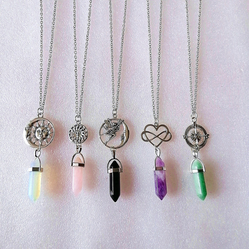 

Fancy Handmade Retro Silver Plated Sun Rudder Heart Pendant Bullet Natural Stone Charm Necklace