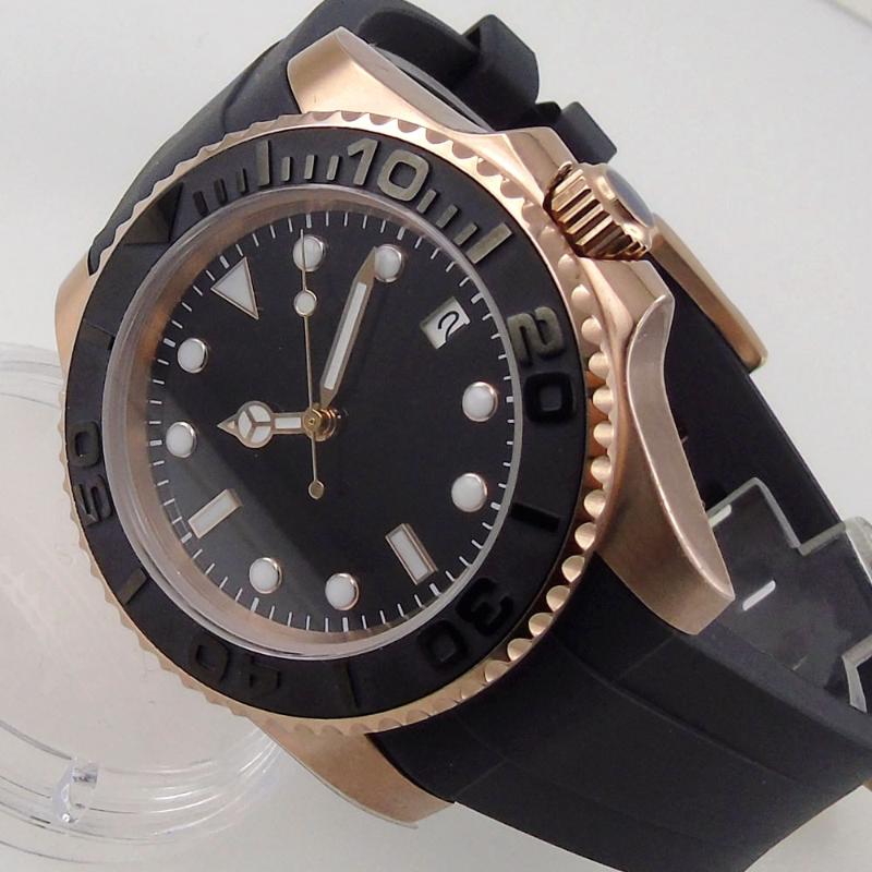 

Wristwatches 40MM Black Sterile Dial NH35A Business 21 Jewels MIYOTA 8215 Rose Golden Plated Brusheh Bezel Insert Automatic Men's Wristwatch, Glass case back