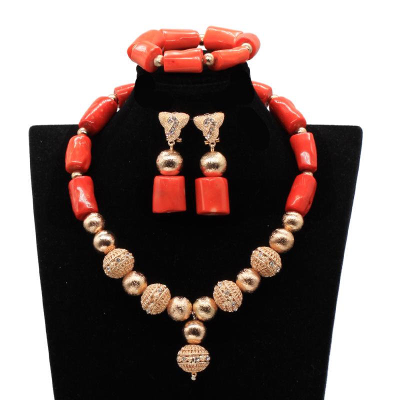 

Earrings & Necklace Natural Coral Women Jewelry Set Dubai Gold Pendant African Wedding Bride Accessorise Drop FT1293, Silver