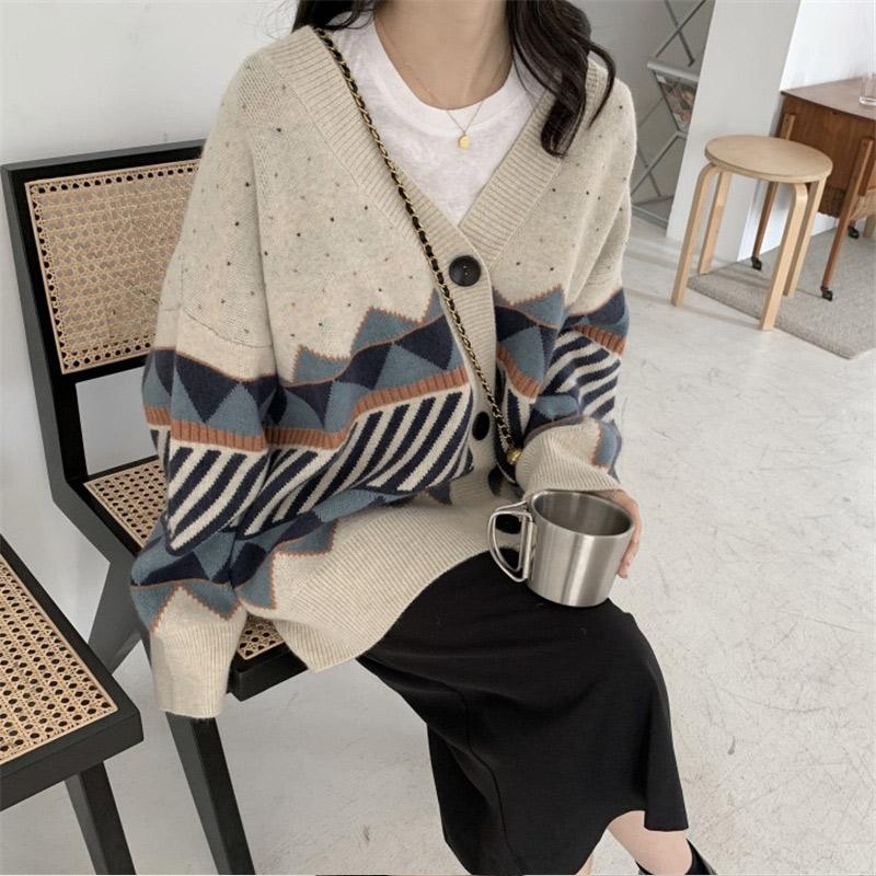 

Men's Sweaters Women Geometry Knitted Cardigan Sweater Deep V-Neck Jumper Button-Up All-Match Female Chic Korean Loose Tops Autumn Winter 20, White;black