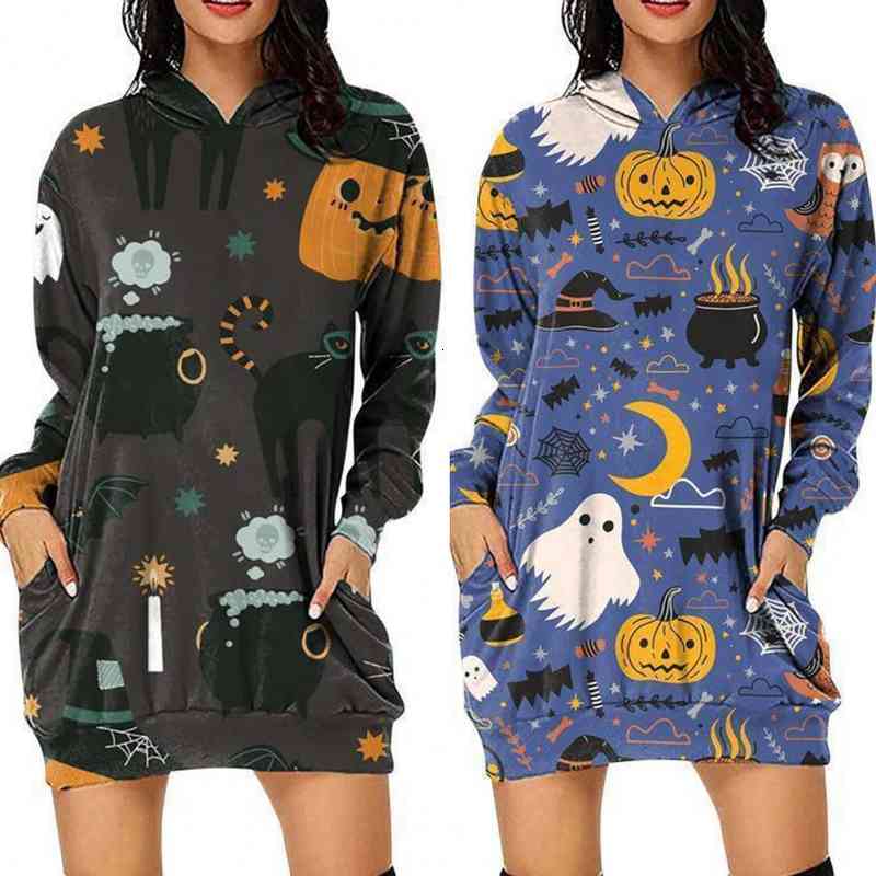 

Simple Beautiful Cartoon Pumpkin Print Sweatshirt Dress Women Party Dress Side Pockets For Home, Black;gray