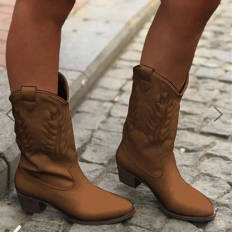 

Boots Vintage Western Cowgirl Leather Round Toe Ankle Woman Low Heel Embroidery Female Winter Short Cowboy Knight Botas, As picture