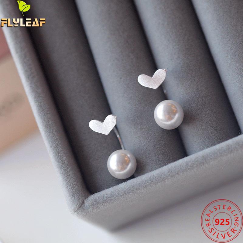 

Stud 100% 925 Sterling Silver Earrings For Women Heart Pearl Fine Jewelry Femme Earings Fashion Rear-mounted, Golden;silver