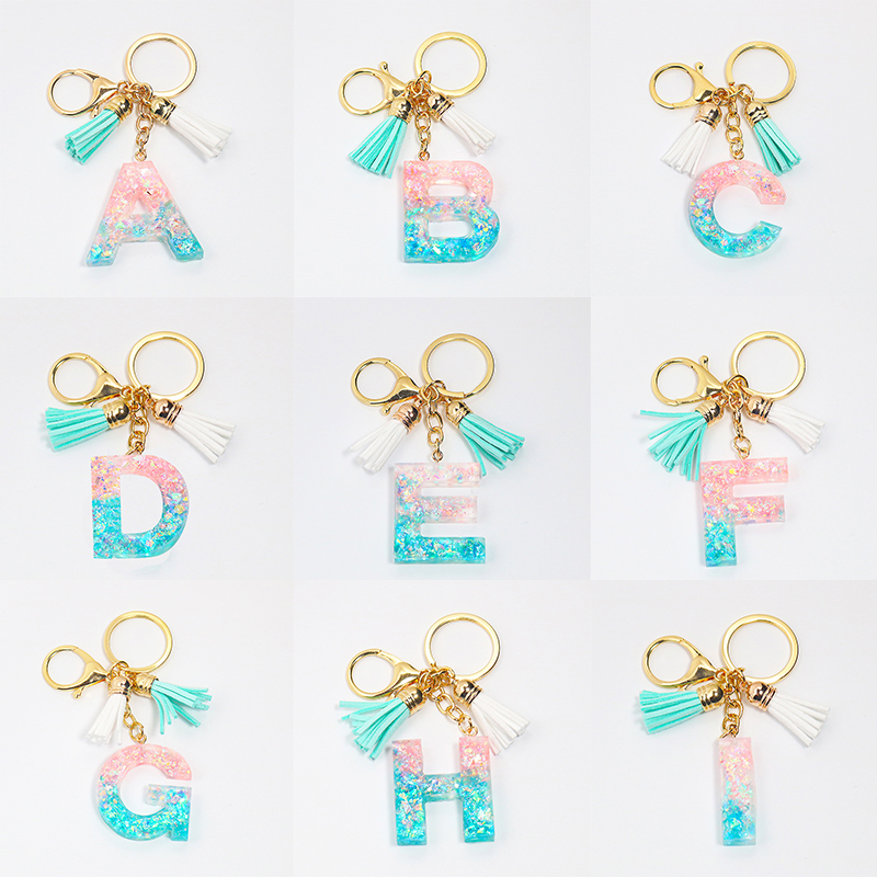 

A-Z Initial Letter Keychains Women Fashion Cute Bag Pendant Sequins Resin Key Rings Chain Alphabet Keyrings Gifts Accessories