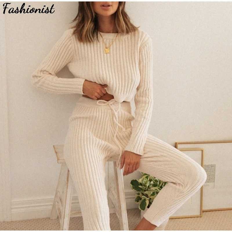 

Knitted Ribbed Cropped Backless Women' Suits Autumn Long Sleeve Pullover Female Set Casual Ladies Pants 2 Piece Sets 210709, Gray