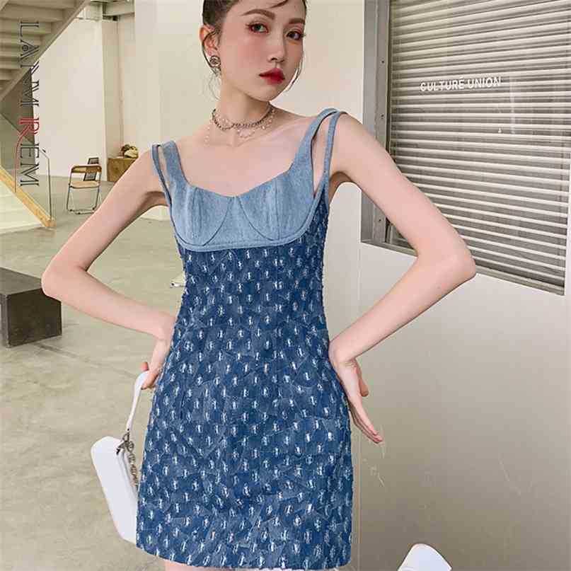 

Women Sleeveless A-line Square Collar Denim Dress Patchwork Fit Lady Fashion Summer Arrivals 2H046 210526, Blue