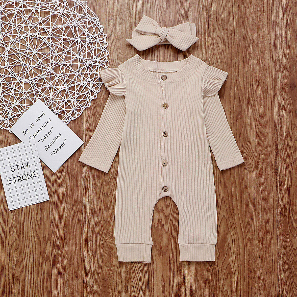 

Baby Spring Autumn Clothing Newborn Baby Girl Boy Ribbed Clothes Knitted Cotton Romper Jumpsuit Solid 2PCS Outfits, Camel