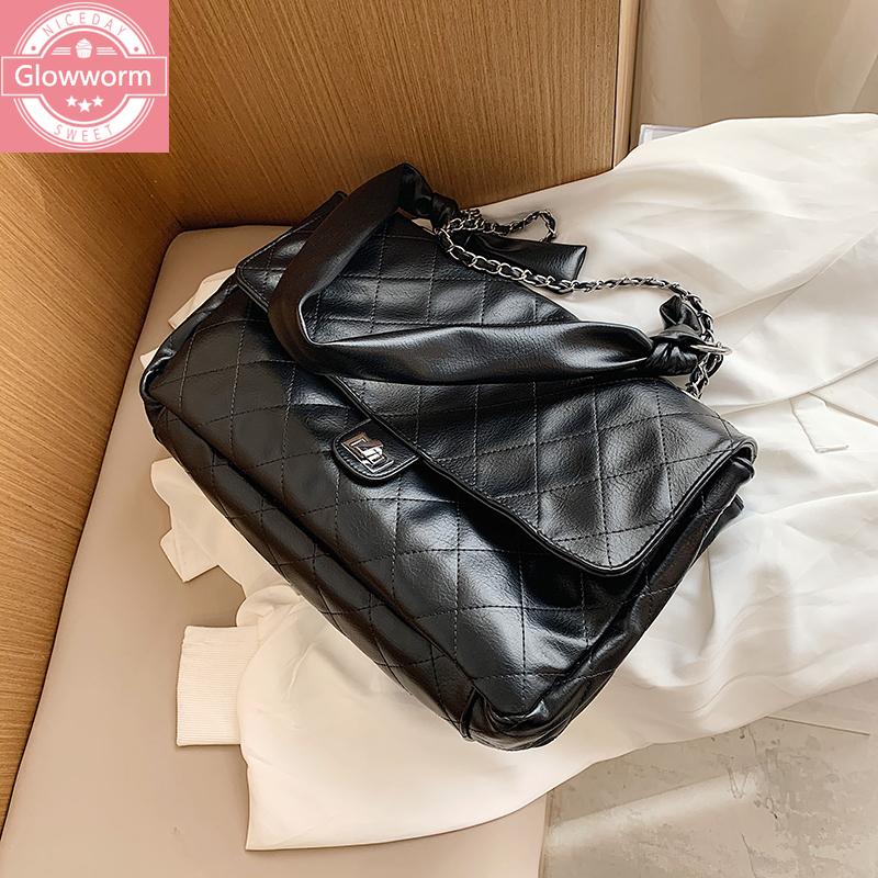

2021 autumn and winter new female bag soft surface ladies bag fashion chain leisure big messenger lady handbag, Black