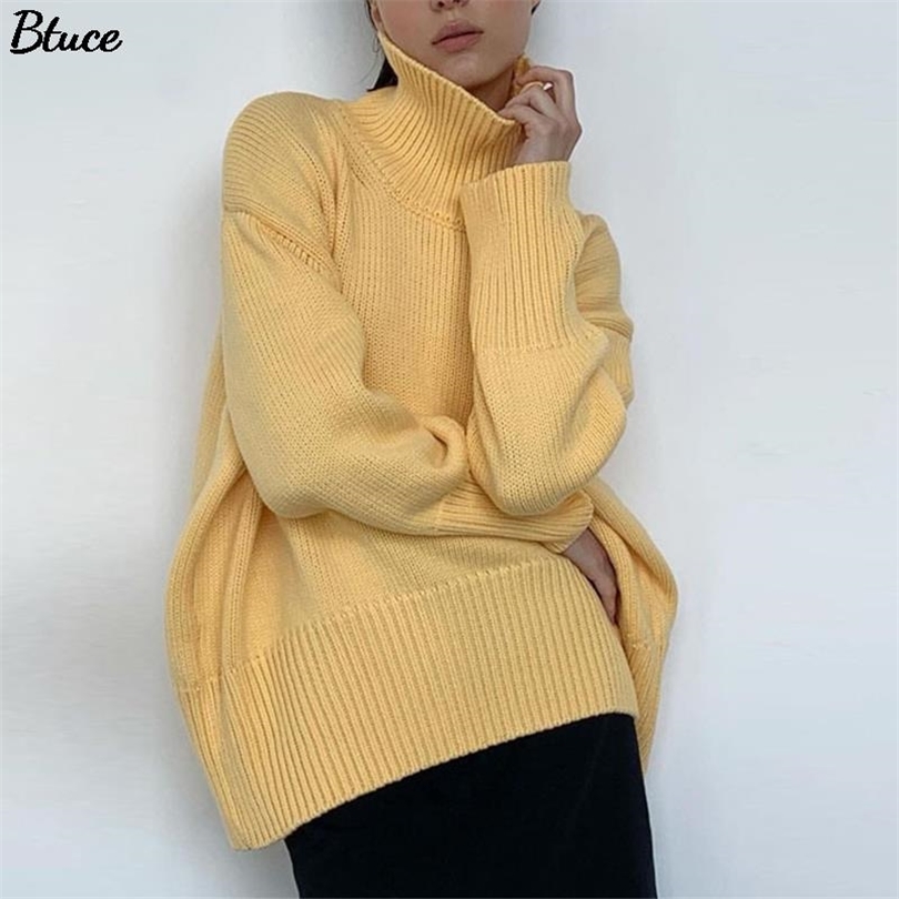 

Autumn Winter Women Solid Turtleneck Knitted Sweater Pullovers Fashion Female Long Sleeve Loose Oversized Jumper 211018, Brown