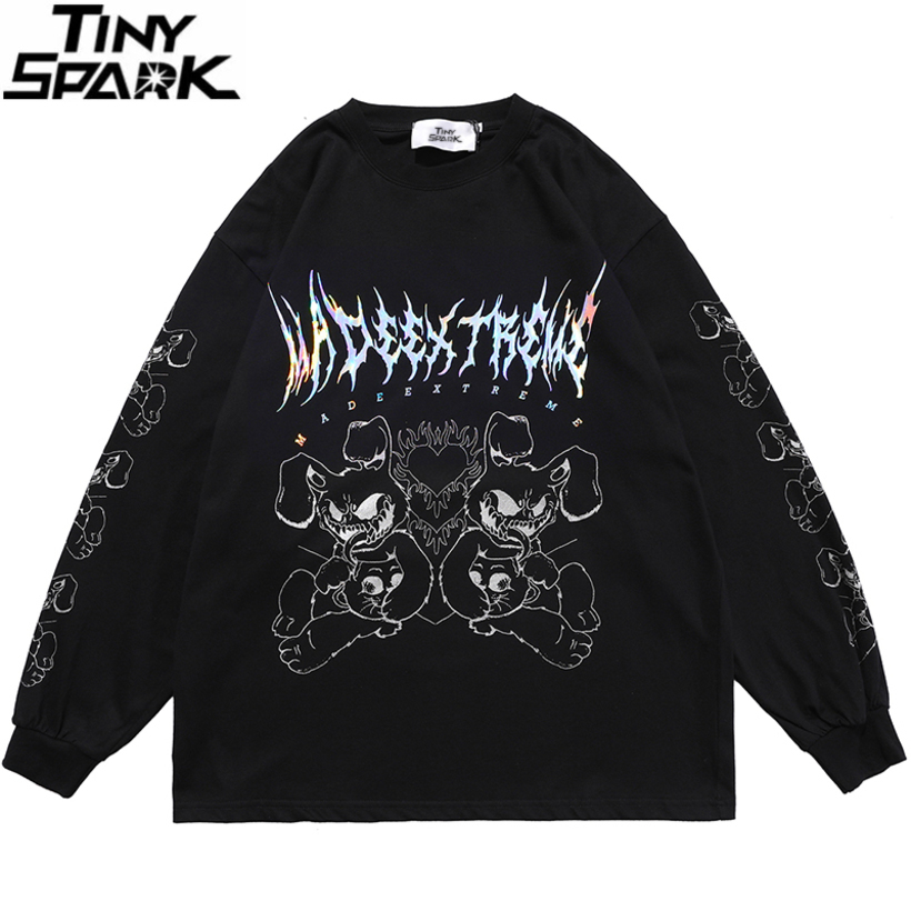 

Large men's monster printed Harajuku cotton street cloth, hip-hop long sved T-shirt, 2021 black T-shirt, A212119 white