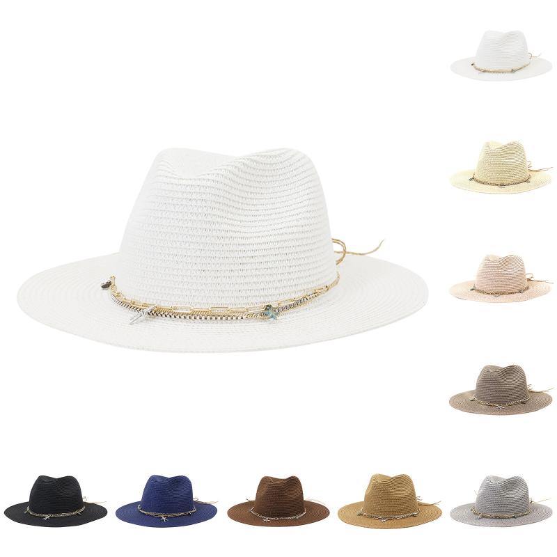 

Berets Fashion Wide Brim Floppy Straw Hat Sun Hats With Chains Multicolor Solid Color For Adult Men Women Unisex Sombrero, White