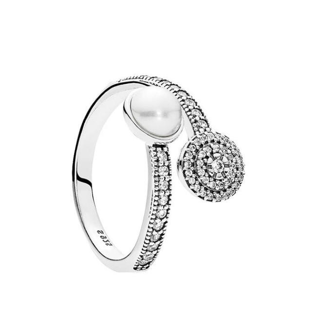 

White Crystal Pearl Clear CZ Diamond 925 Sterling Silver RING Set Original Box for Pandora Luminous Glow Ring Women Girls Wedding Jewelry, Slivery;golden