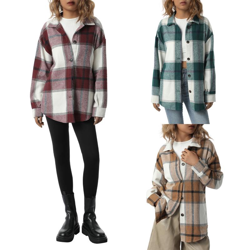 

Women's Jackets Womens Button Down Lapel Jacket Casual Autumn Polyester Long Sleeve Plaid Print Loose Coat Outwear, Black;brown