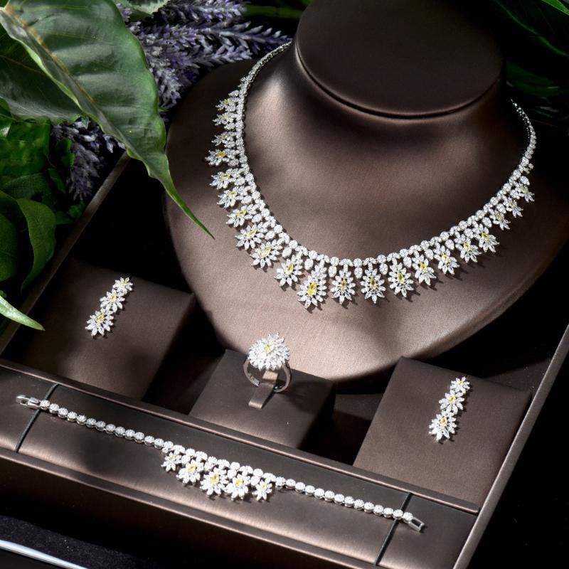 

Earrings & Necklace HIBRIDE Fashion Leaf Flower Design Nigerian Wedding Cubic Zirconia Dubai 4PCS Dress Jewelry Set For Party Gifts N-1079, Silver