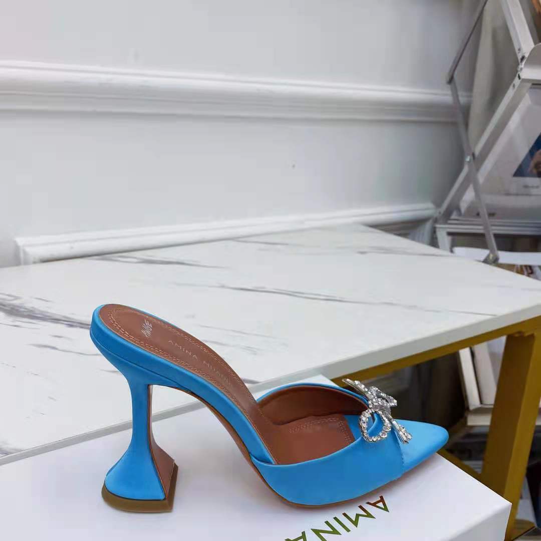 

Satin Amina Italy Muaddi Mules AWGE Slippers 95mm Crystal Embellished Pyramid Heel Shoes, Blue