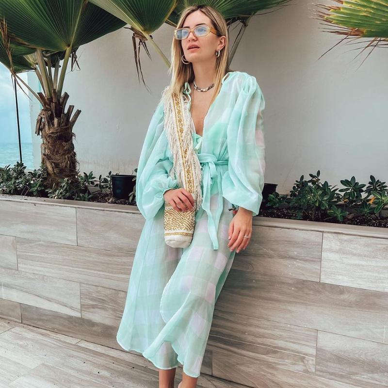 

One-Piece Suits 2021 High Waist Ruffle Bikini Sets Beach Cover Up Solid Light Blue Swimwear Women Swimsuit Beachwear Bathing Suit Biquini