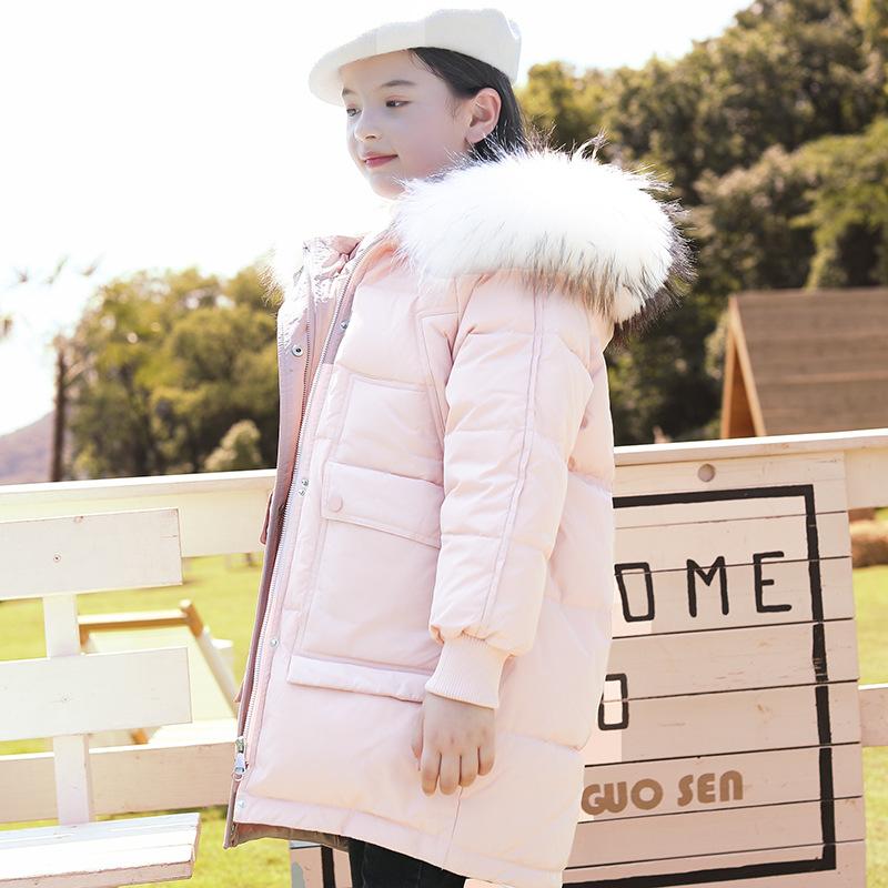 

Down Coat Girls Winter Warm Children Clothing Long Parka Jacket Real Fur Collar Snowsuit Outerwear Hooded Kids Overcoat LC302, Blue;gray