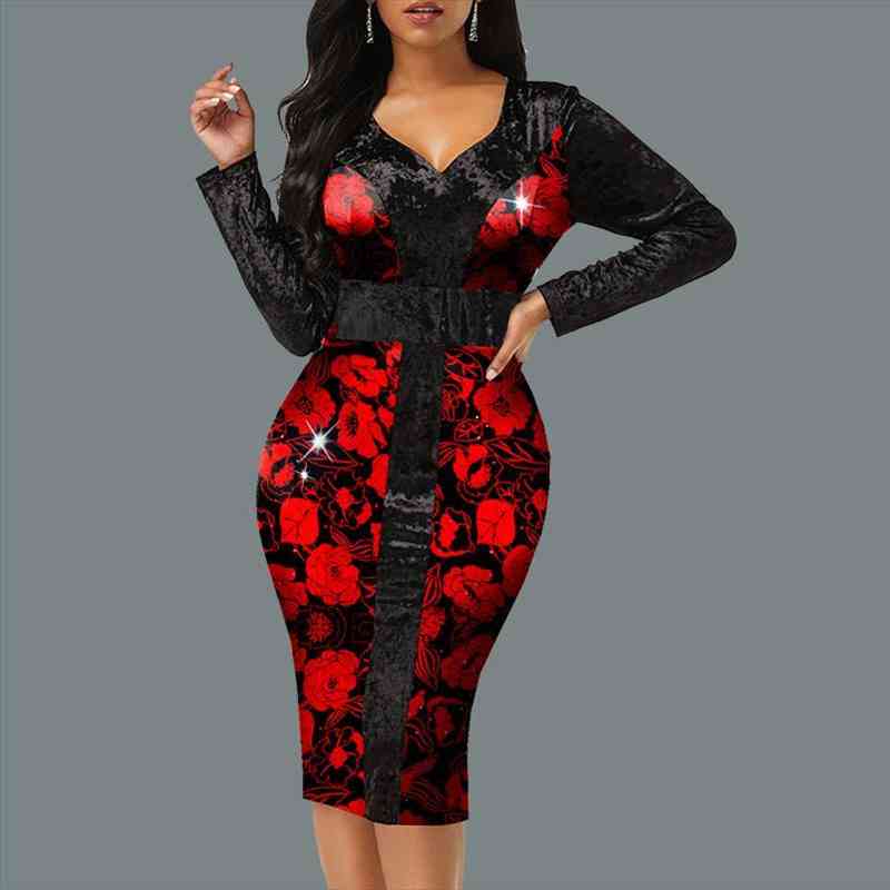 

Party Dresses For Women Fashion Elegant Printed Bodycon Dress Autumn Vintage Sexy V Neck Long Sleeve Slim Work Dresses, Black;gray