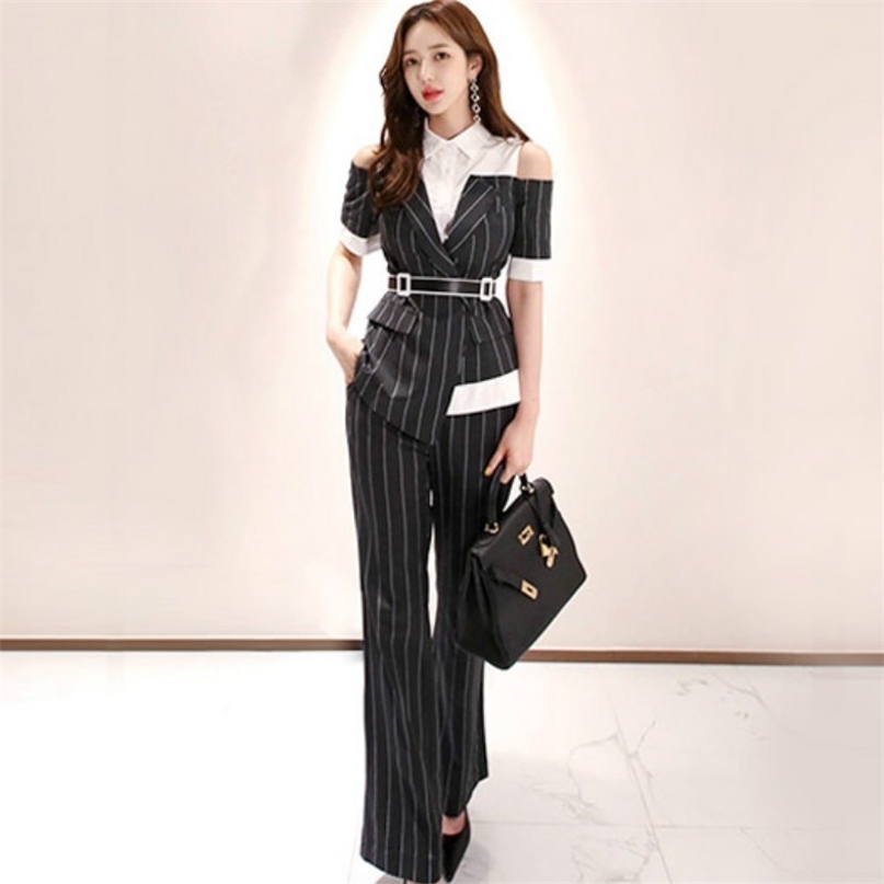 

Womens Work Wear Two Pieces Set Korean OL Style Shirt Patchwork Cold Shoulder Short Sleeve Belted Top + Striped Long Pants Suits 210603, Black