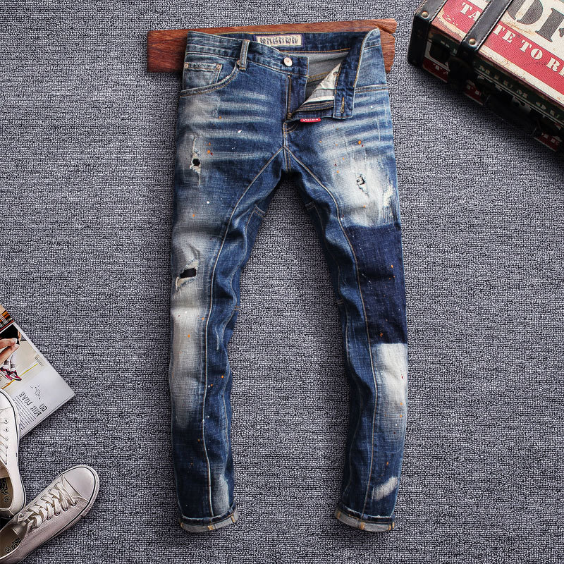 

2021 New Italian Style Fashion Retro Blue Slim Fit Elastic Ripped Homme Paint Designer Streetwear Hip Hop Jeans Men 0280