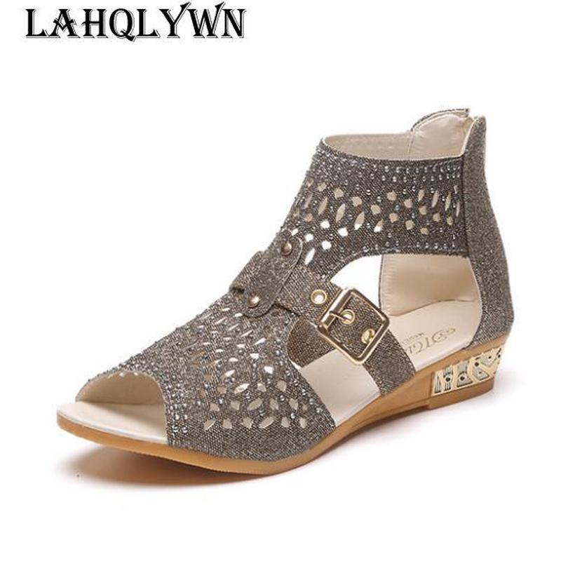 

Summer Shoes Woman Crystal Sandals For Women Low Heel Beach Shoes After The Zipper Bing Women's Sandals Peep Toe Wedges C299, Black