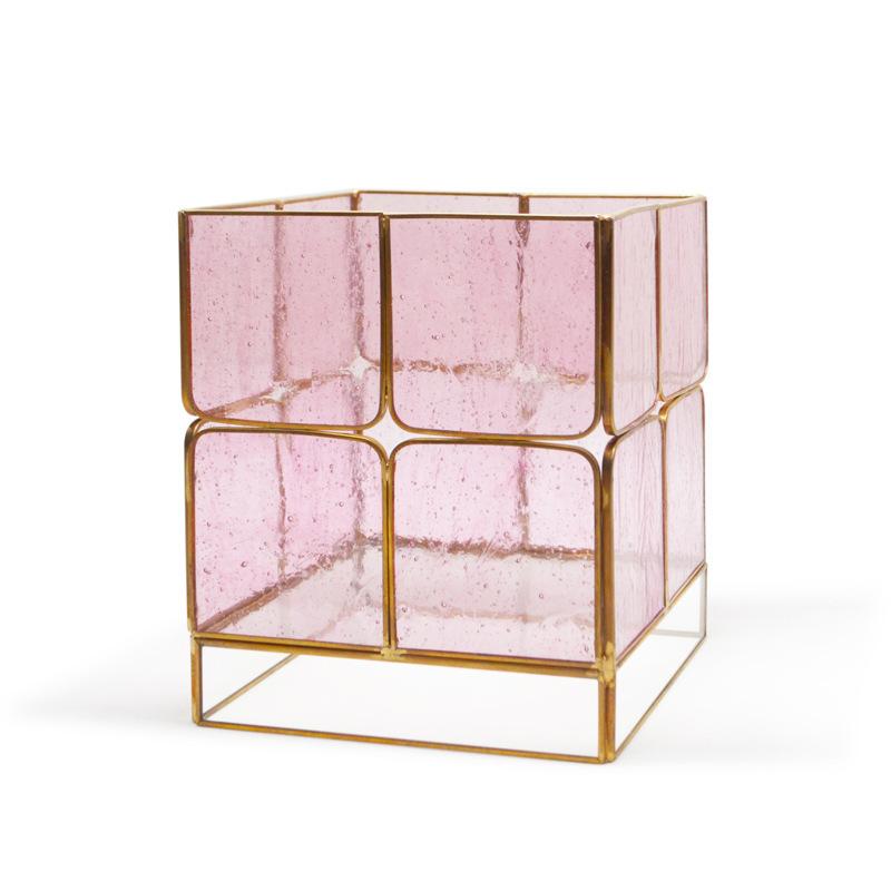 

Candle Holders Copper Color Medium Square Nostalgic White Pink Glass Wind Lantern Windproof Candelabros Decoration Creative Gift A