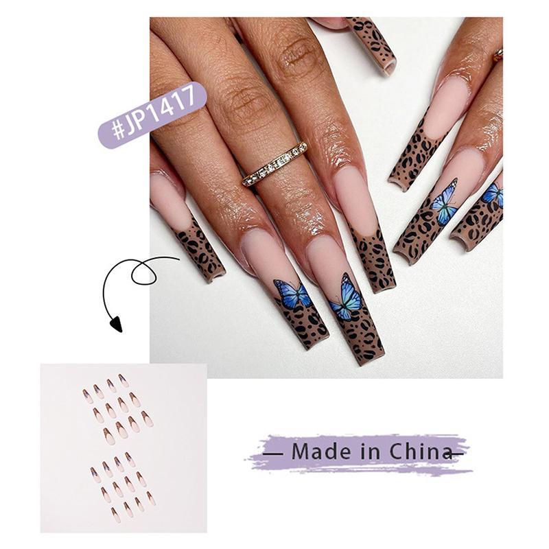 

False Nails 24pcs/set Long Leopard Butterfly Ballet Nail Stiletto Fake Punk Artificial Full Tips Manicure Tools, Red;gold