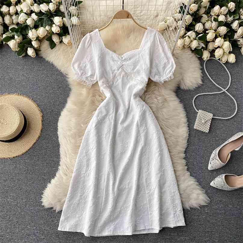 

French Style Women Summer Dress White Black Puff Sleeve Square Collar High Waist Floral Boho Beach Party Midi Vestidos 210603