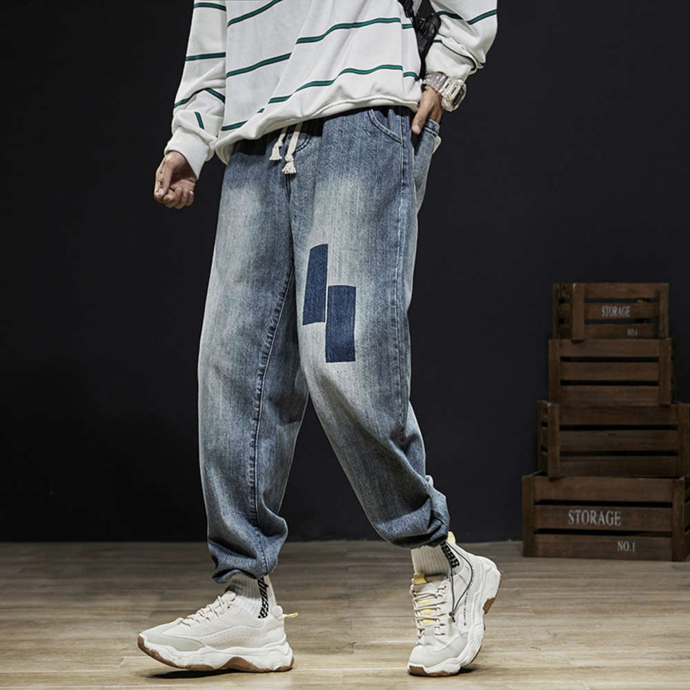 

Autumn new Harlem men's jeans loose straight tube drop feeling Leggings color matching lace up large pants, Blue