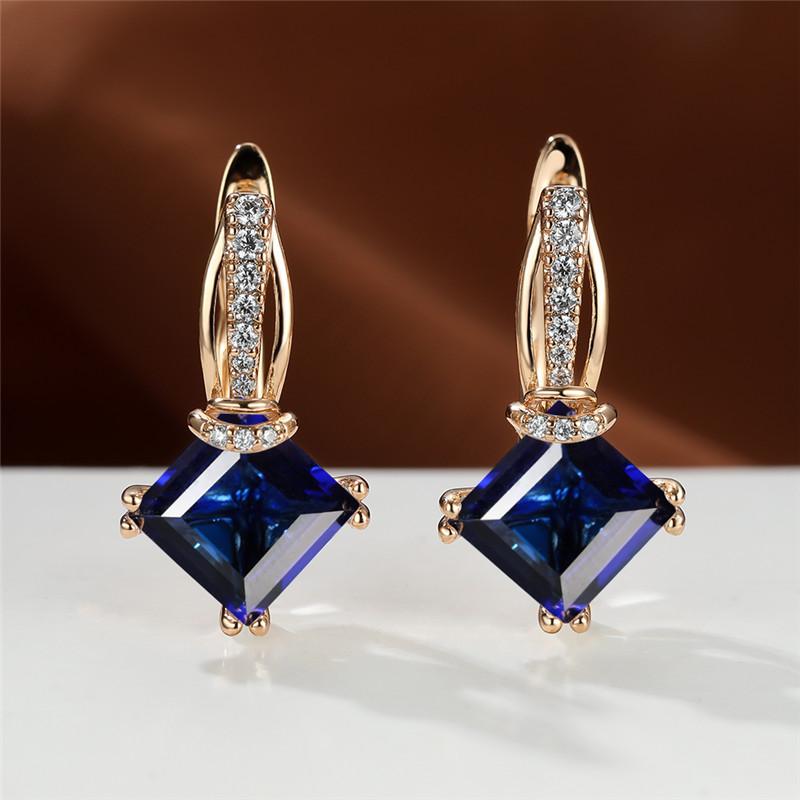 

Hoop & Huggie Charm Multicolor Square Stone Earrings Rose Gold Color Engagement Female Luxury Rainbow Crystal For Women