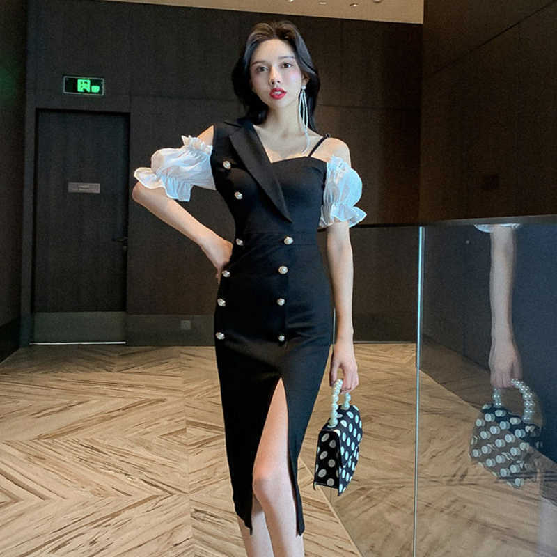 

Design package hip female summer Hepburn style split slim dress Office Lady Polyester Knee-Length 210603, Black