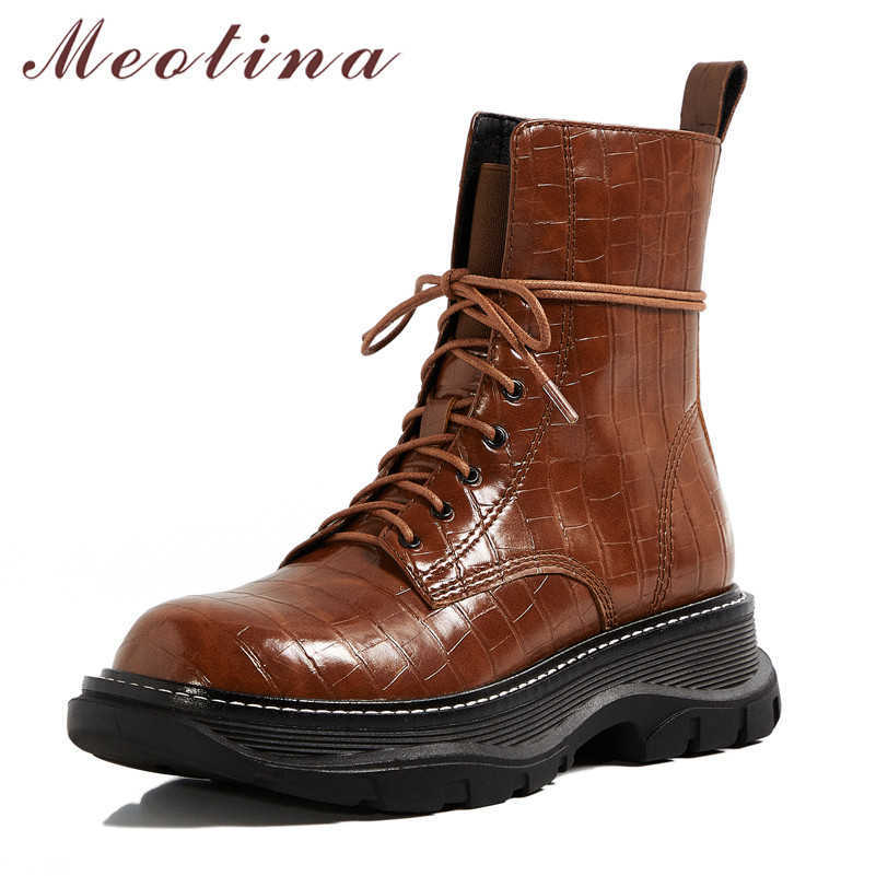 

Meotina Real Leather Platform Flats Motorcycle Boots Women Ankle Boots Shoes Lace Up Zipper Short Boots Ladies Autumn Winter 40 210608, Black synthetic lin