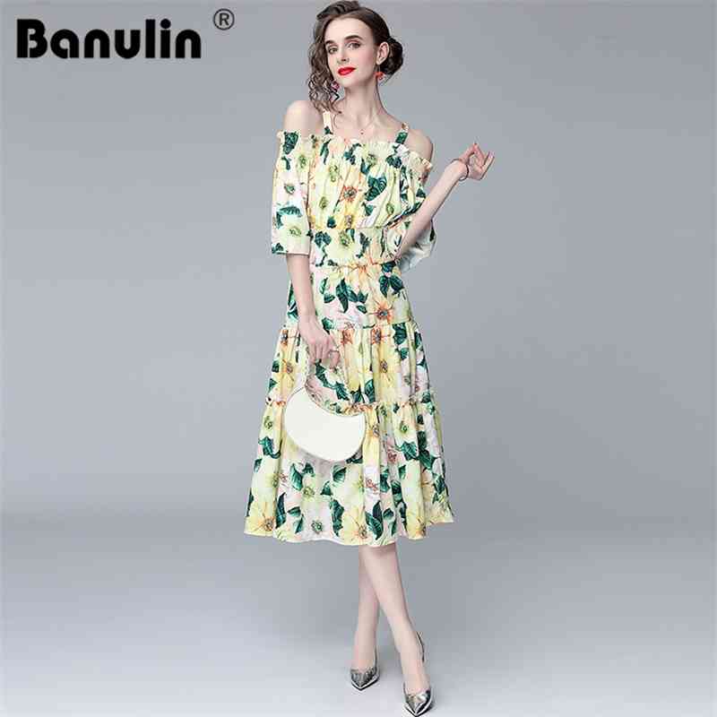 

Runway Summer Sexy Spaghetti Strap Midi Dress Women's Slash Neck Off Shoulder Camellia Flower Print Ruffles Beach Dresses 210603, Yellow