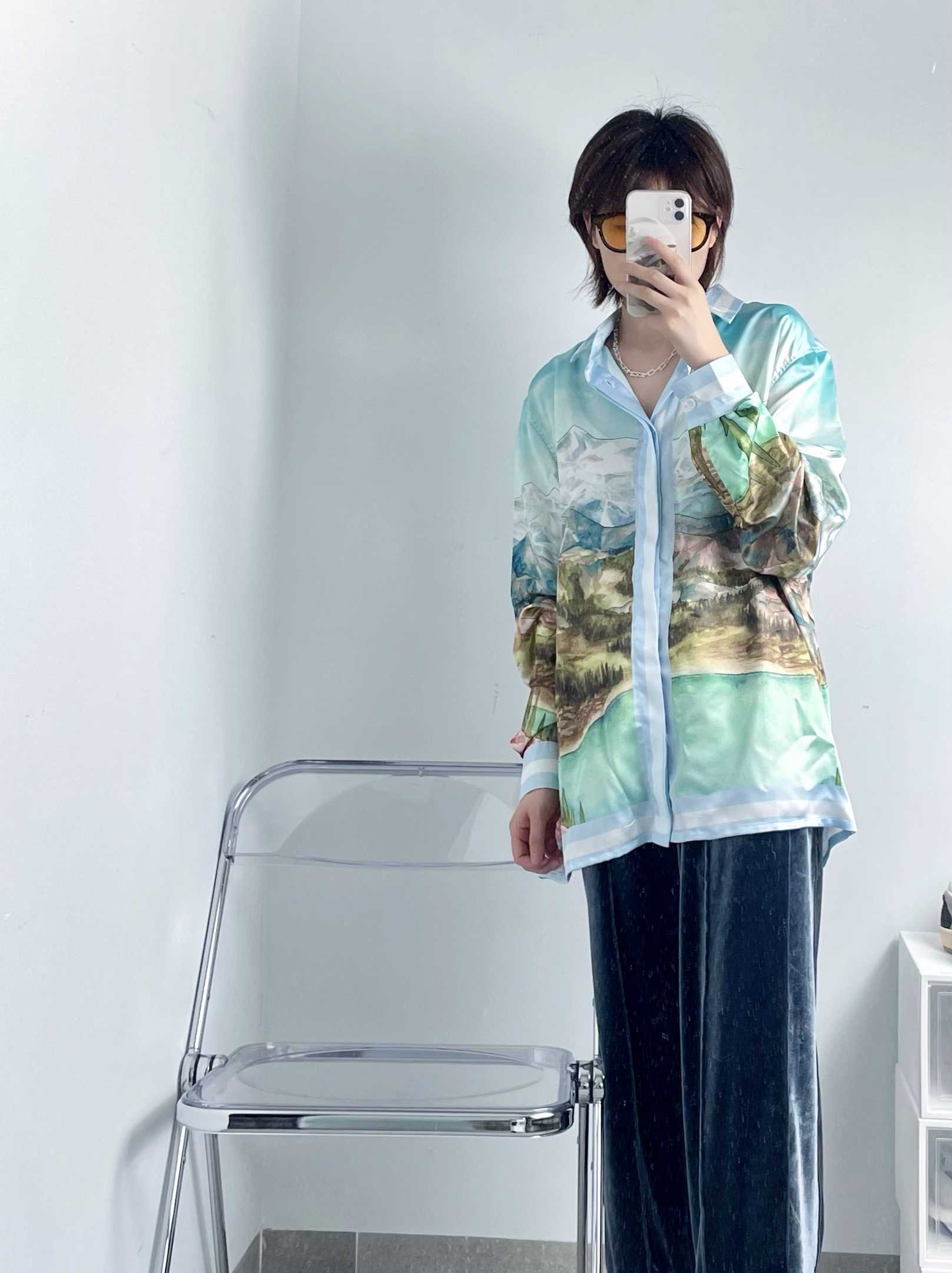 

Fashion outlet Casablanca Paris 20fw spotted dog blood mountain Silk Long Sleeve Shirt, As shown in figure