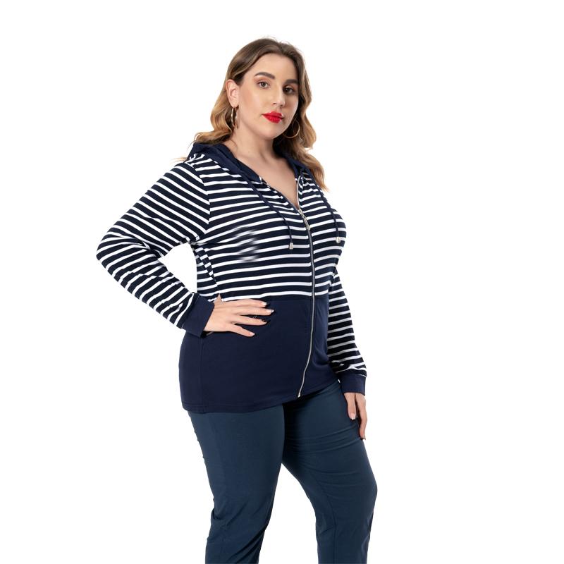 

Plus Size T-Shirt Spring Women Hoodies Jacket Striped Pockets For Female Clothing Casual Coat Factory Quality F9337, Black